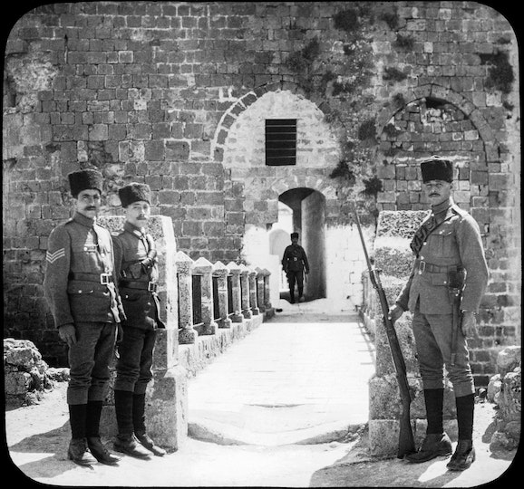 Exterior view of the guarded entrance to the citadel complex in ‘Akká, 1921